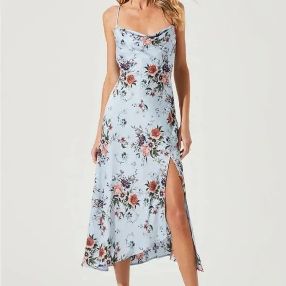 ASTR The Label Gaia Floral Midi Dress Blue Rust Floral Small